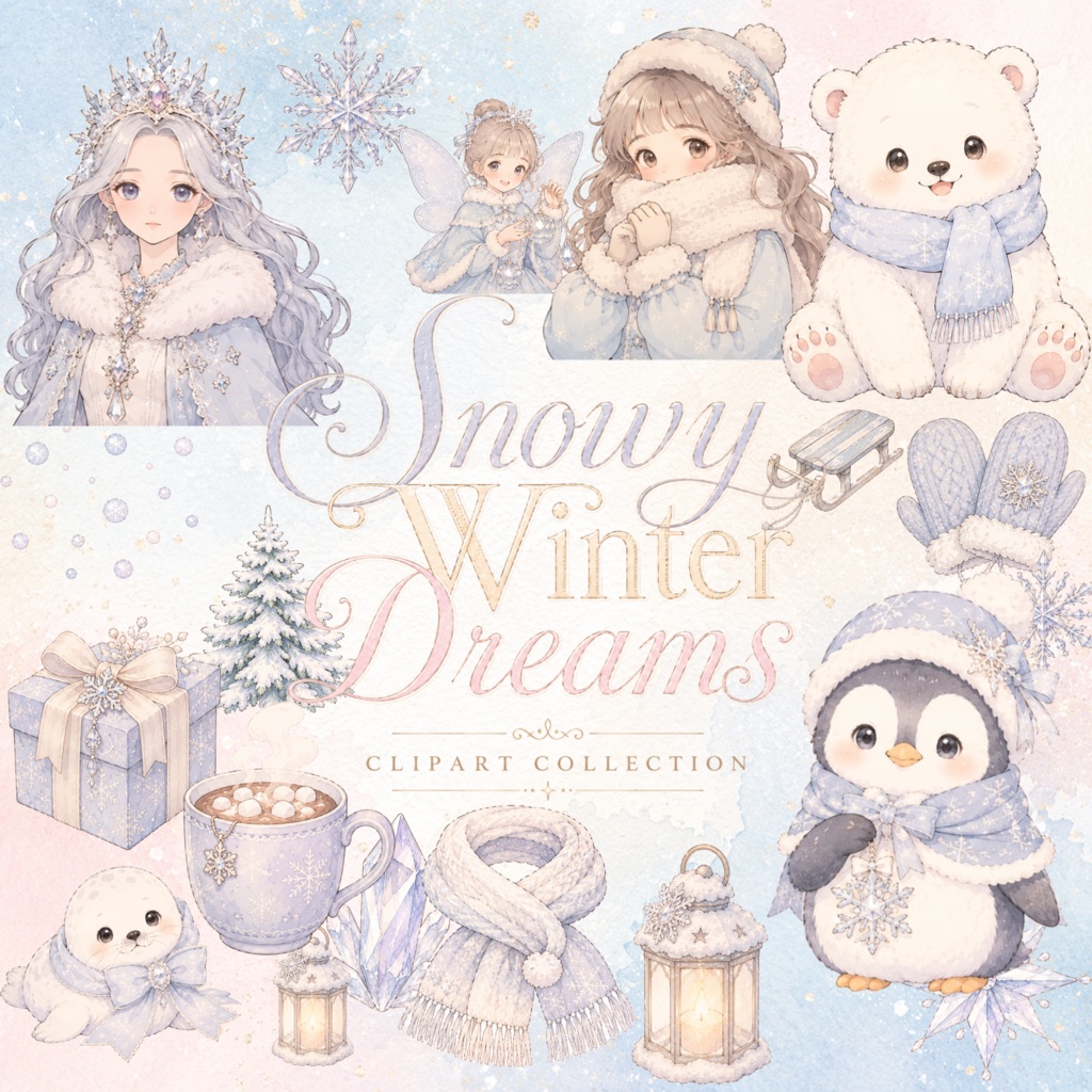 冬の魔法に包まれる雪のクリップアート｜水彩風PNG・Canvaで使えるデジタル素材