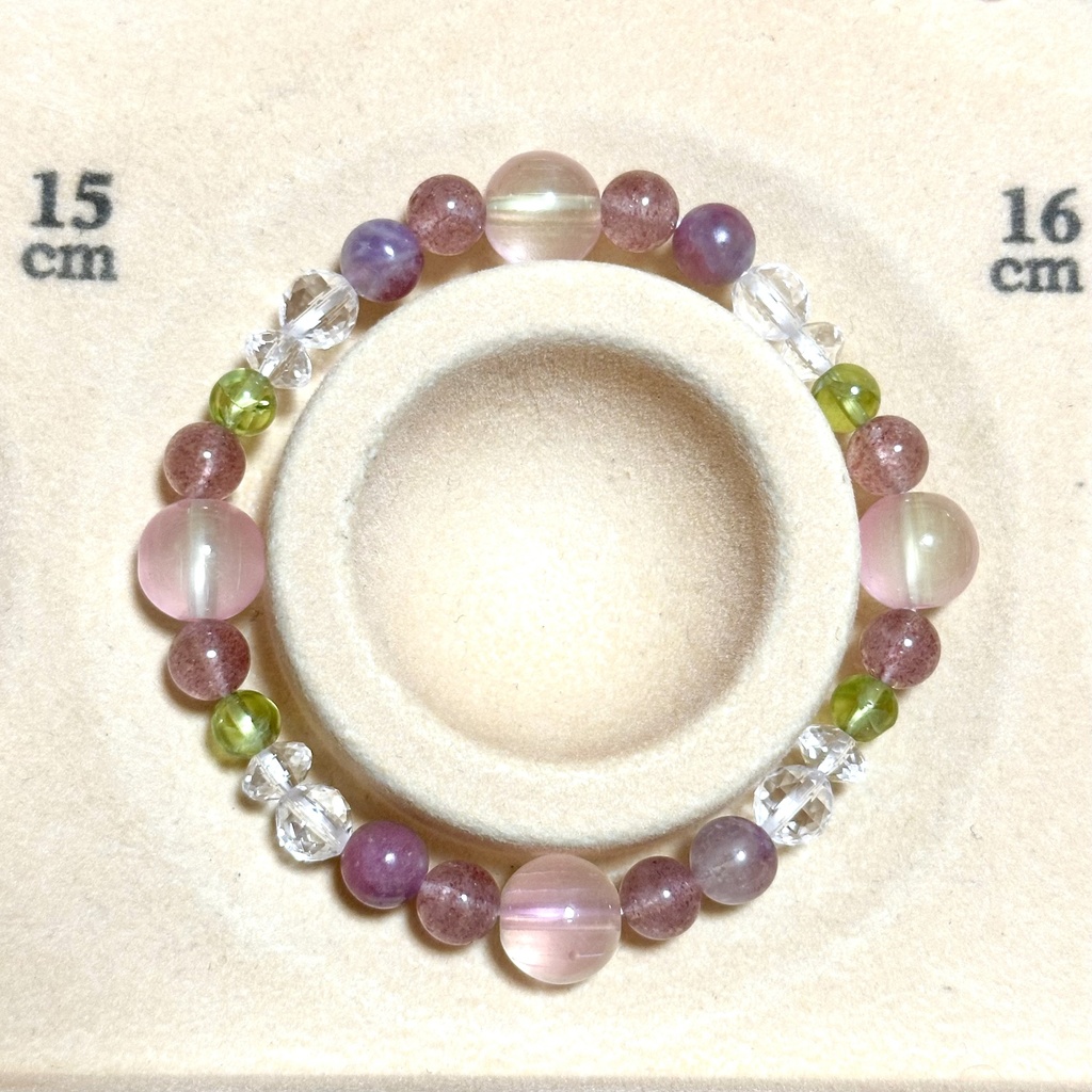 「 蓮華 」  ✯  瑠璃ガラス ストロベリークォーツ ピンクトルマリンシリカ ペリドット / 天然石ブレスレット パワーストーン 天然石アクセサリー