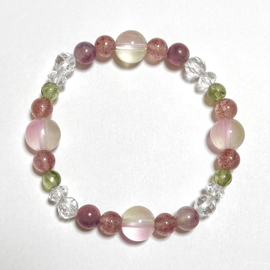 「 蓮華 」  ✯  瑠璃ガラス ストロベリークォーツ ピンクトルマリンシリカ ペリドット / 天然石ブレスレット パワーストーン 天然石アクセサリー