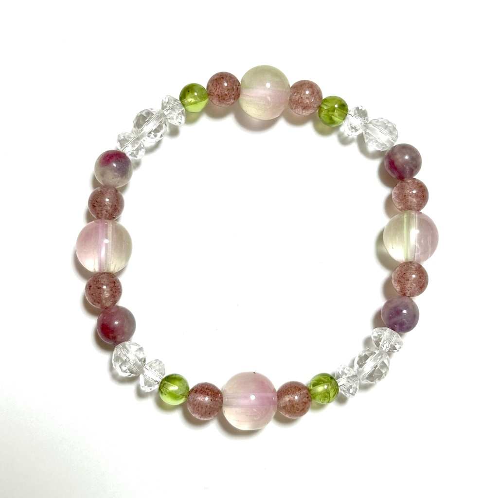 「 蓮華 」  ✯  瑠璃ガラス ストロベリークォーツ ピンクトルマリンシリカ ペリドット / 天然石ブレスレット パワーストーン 天然石アクセサリー