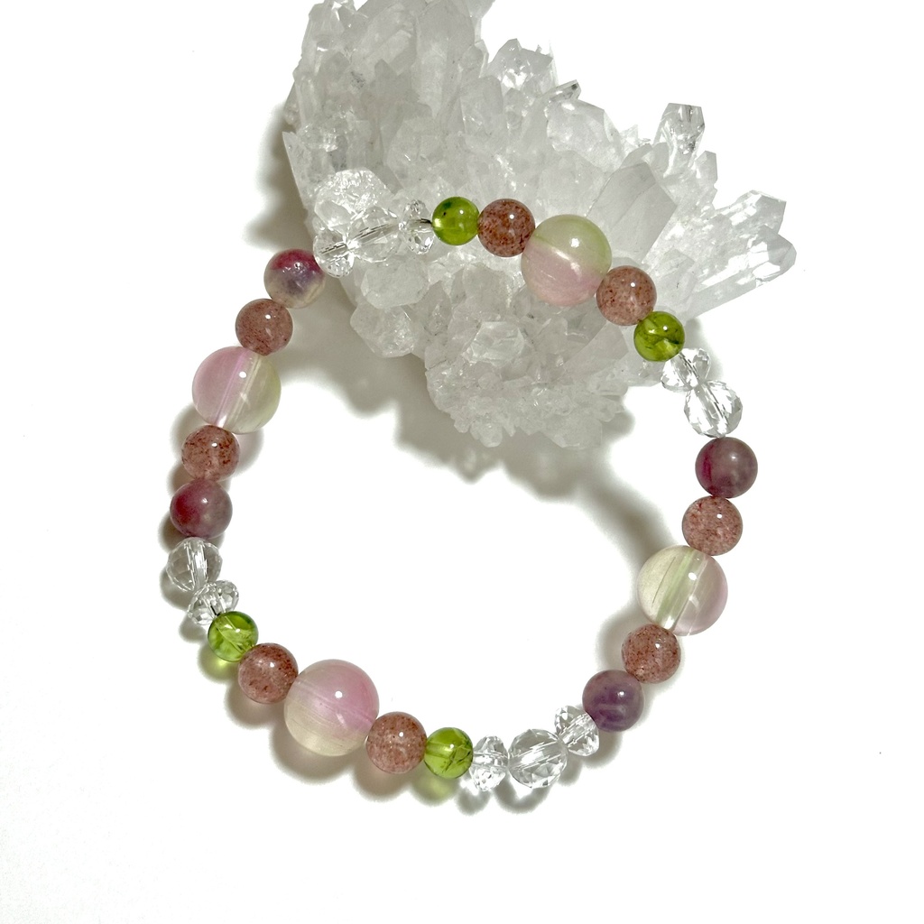 「 蓮華 」  ✯  瑠璃ガラス ストロベリークォーツ ピンクトルマリンシリカ ペリドット / 天然石ブレスレット パワーストーン 天然石アクセサリー