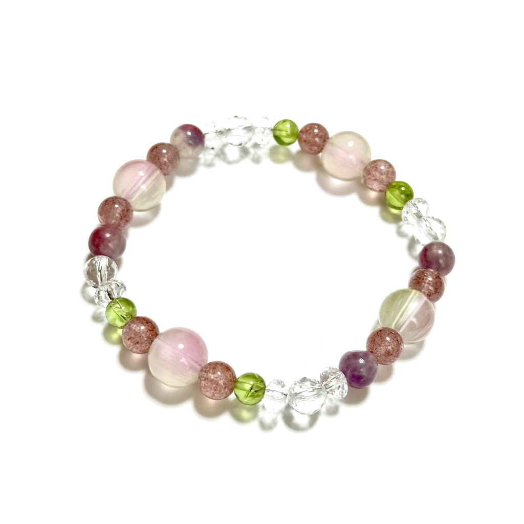 「 蓮華 」  ✯  瑠璃ガラス ストロベリークォーツ ピンクトルマリンシリカ ペリドット / 天然石ブレスレット パワーストーン 天然石アクセサリー