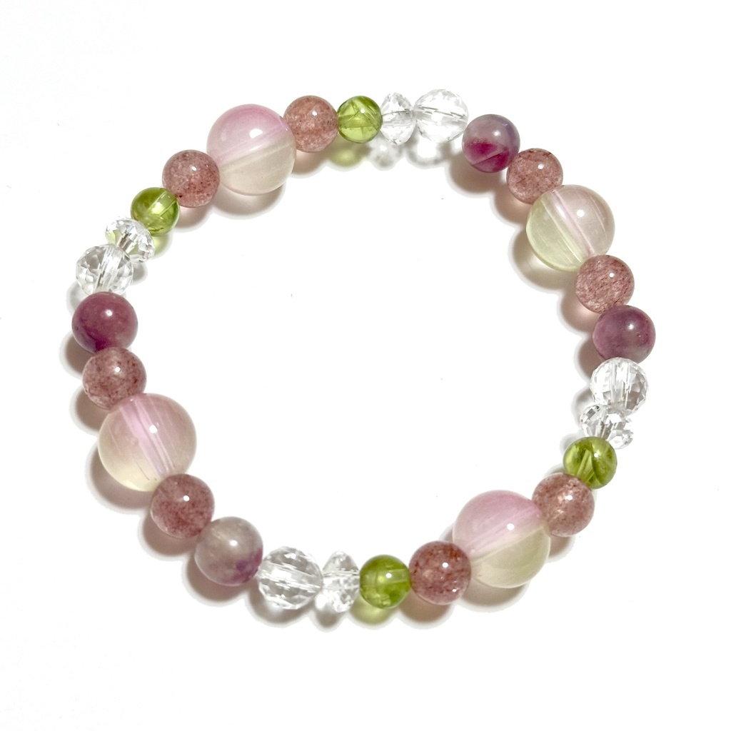 「 蓮華 」  ✯  瑠璃ガラス ストロベリークォーツ ピンクトルマリンシリカ ペリドット / 天然石ブレスレット パワーストーン 天然石アクセサリー