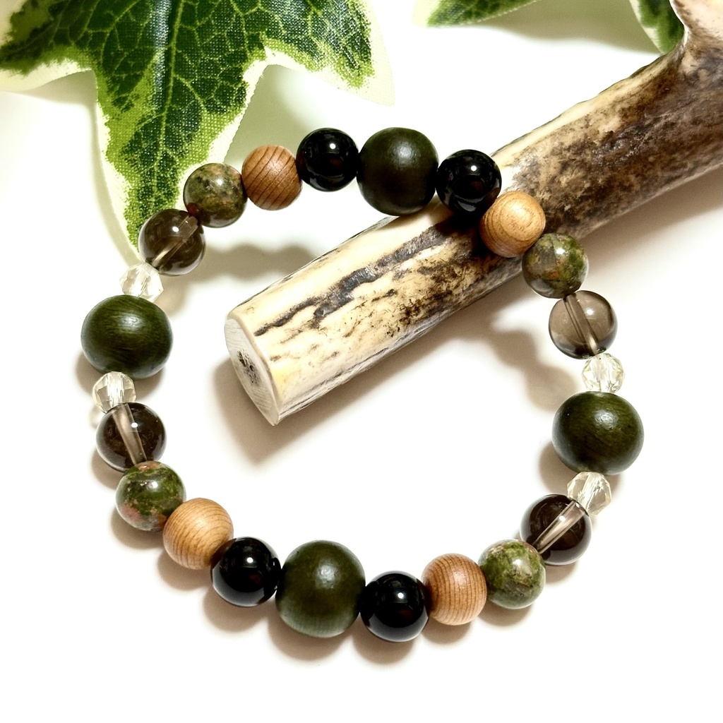 「 倭国の安らぎ 」 ✯ 緑檀 生命樹 屋久杉 モリオン ユナカイト スモーキークォーツ アンデシン / 天然石ブレスレット パワーストーン 天然石アクセサリー