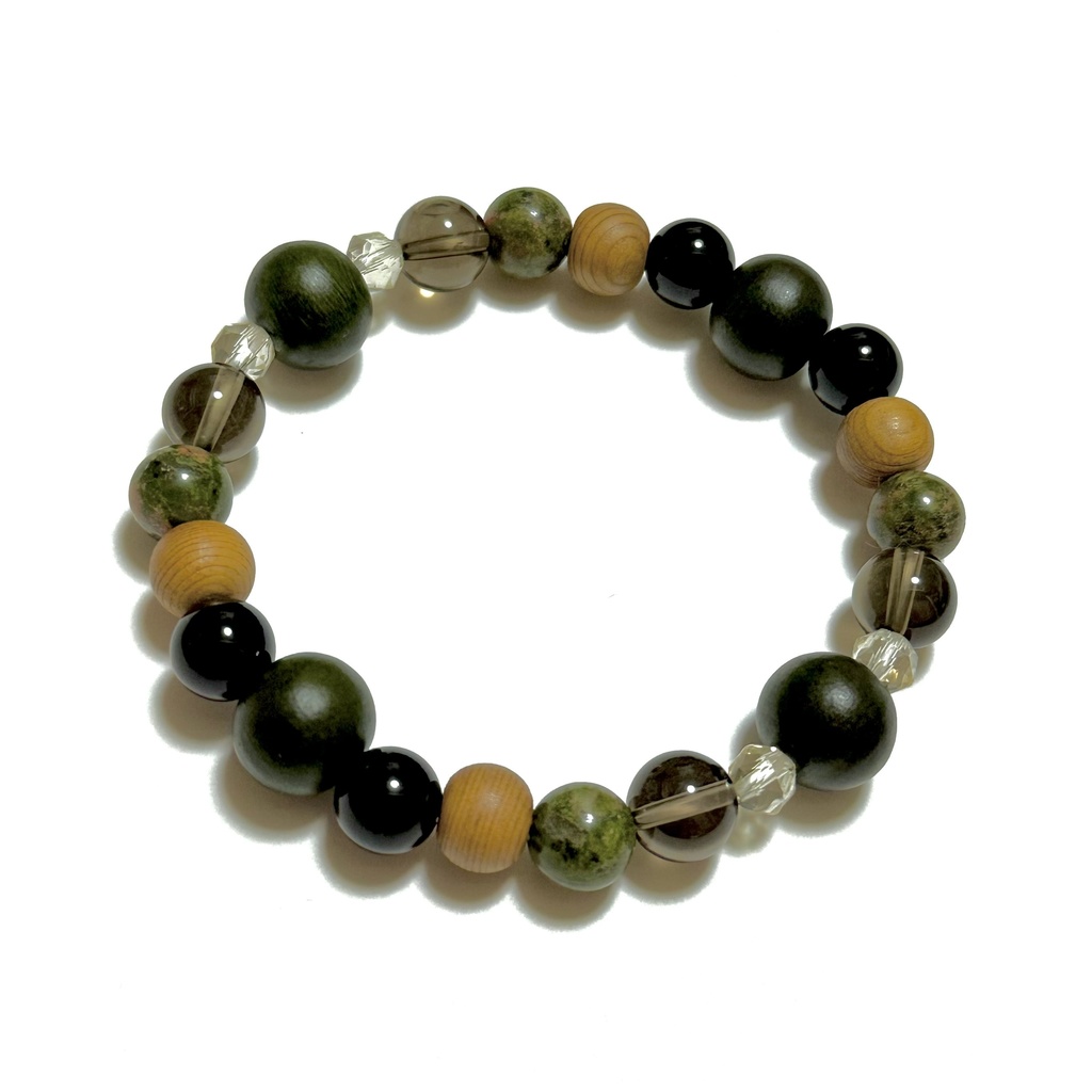 「 倭国の安らぎ 」 ✯ 緑檀 生命樹 屋久杉 モリオン ユナカイト スモーキークォーツ アンデシン / 天然石ブレスレット パワーストーン 天然石アクセサリー