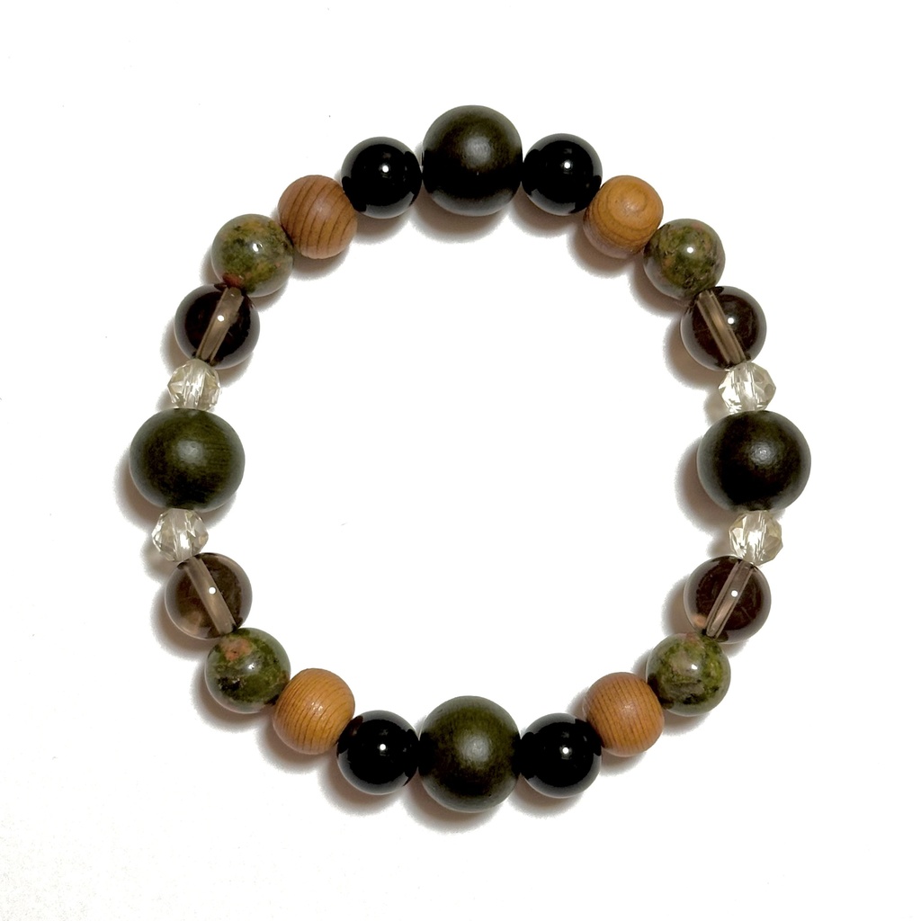 「 倭国の安らぎ 」 ✯ 緑檀 生命樹 屋久杉 モリオン ユナカイト スモーキークォーツ アンデシン / 天然石ブレスレット パワーストーン 天然石アクセサリー