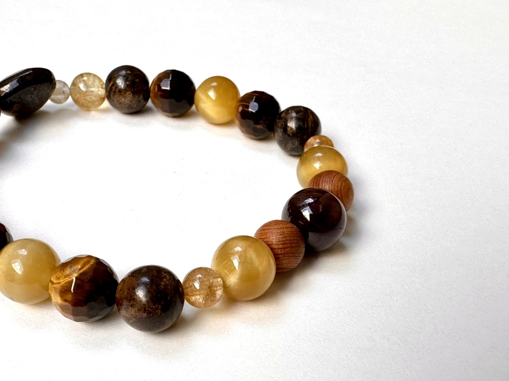 「 実りのサビ猫 」 ✯ ブロンザイト ルチルクォーツ タイガーアイ 屋久杉 ガーネット / 天然石ブレスレット パワーストーン 天然石アクセサリー