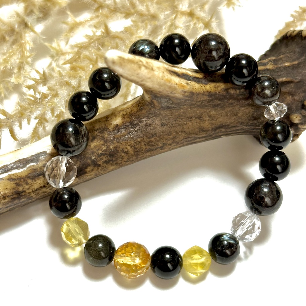 「 護りの黒猫 」 ✯ シトリン ゴールデンオブシディアン ヌーマイト モリオン イエローフローライト / 天然石ブレスレット パワーストーン 天然石アクセサリー