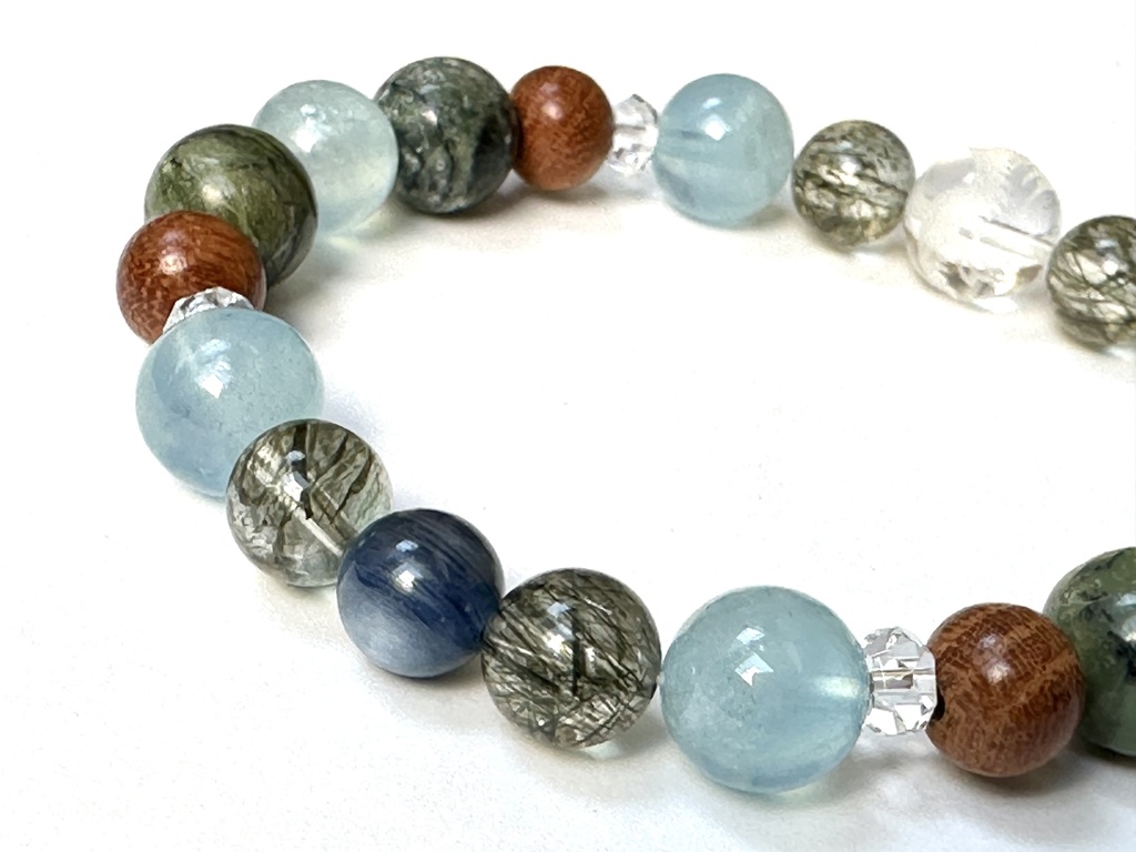 「 わだつみの龍 」 ✯ 五爪龍 グリーンエピドートインクォーツ アクアマリン 欅 ドラゴンアイ カイヤナイト / 天然石ブレスレット パワーストーン 天然石アクセサリー