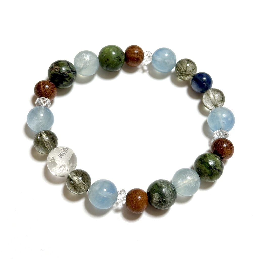 「 わだつみの龍 」 ✯ 五爪龍 グリーンエピドートインクォーツ アクアマリン 欅 ドラゴンアイ カイヤナイト / 天然石ブレスレット パワーストーン 天然石アクセサリー