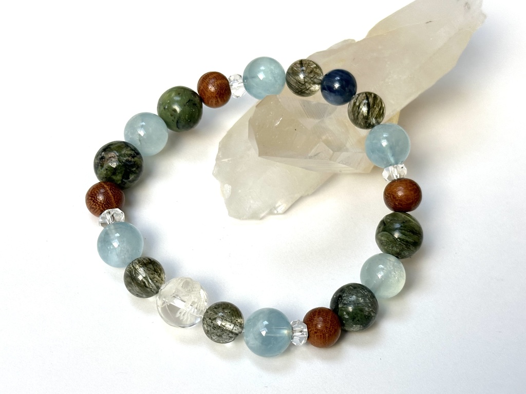 「 わだつみの龍 」 ✯ 五爪龍 グリーンエピドートインクォーツ アクアマリン 欅 ドラゴンアイ カイヤナイト / 天然石ブレスレット パワーストーン 天然石アクセサリー