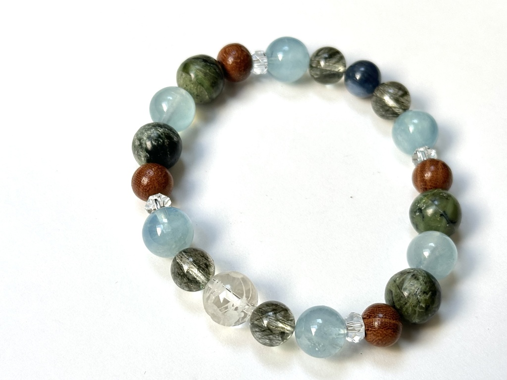 「 わだつみの龍 」 ✯ 五爪龍 グリーンエピドートインクォーツ アクアマリン 欅 ドラゴンアイ カイヤナイト / 天然石ブレスレット パワーストーン 天然石アクセサリー