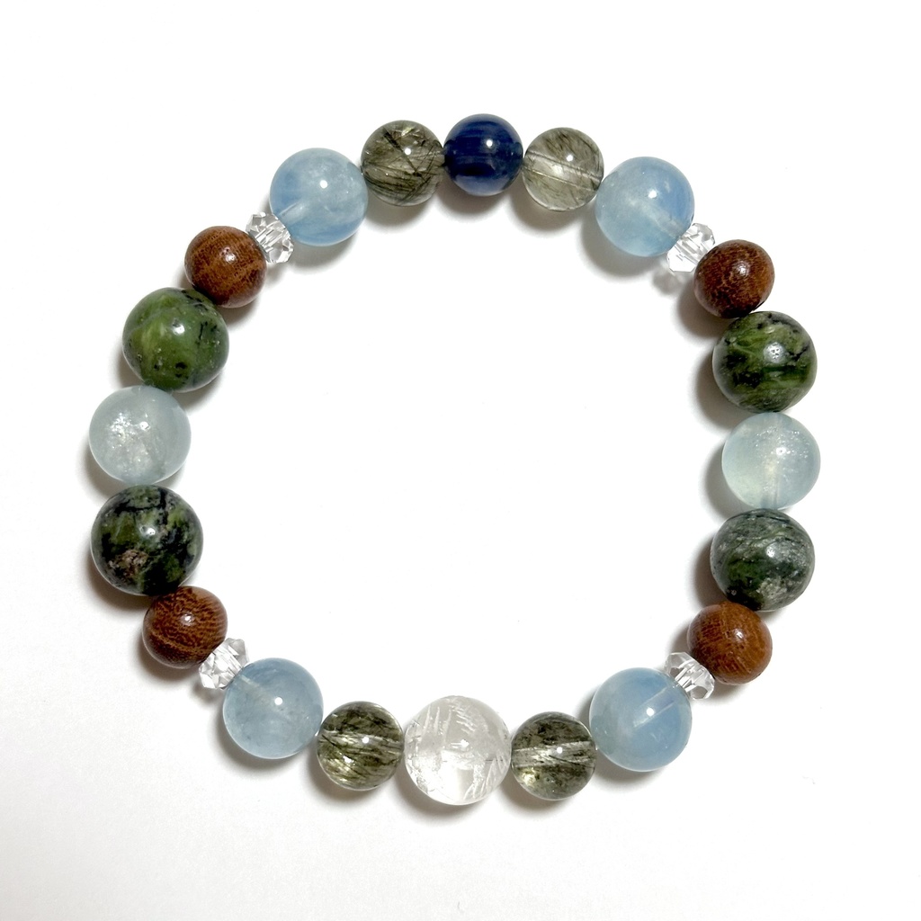 「 わだつみの龍 」 ✯ 五爪龍 グリーンエピドートインクォーツ アクアマリン 欅 ドラゴンアイ カイヤナイト / 天然石ブレスレット パワーストーン 天然石アクセサリー