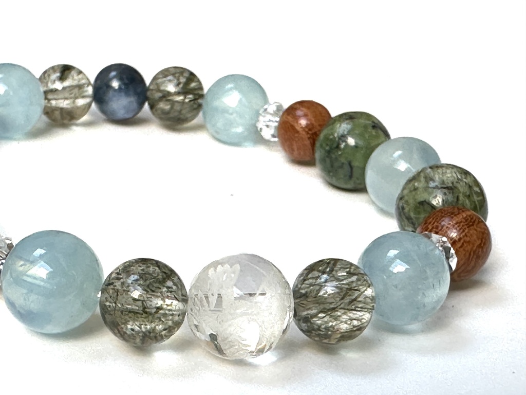 「 わだつみの龍 」 ✯ 五爪龍 グリーンエピドートインクォーツ アクアマリン 欅 ドラゴンアイ カイヤナイト / 天然石ブレスレット パワーストーン 天然石アクセサリー