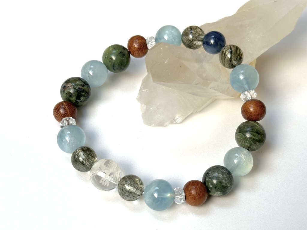 「 わだつみの龍 」 ✯ 五爪龍 グリーンエピドートインクォーツ アクアマリン 欅 ドラゴンアイ カイヤナイト / 天然石ブレスレット パワーストーン 天然石アクセサリー