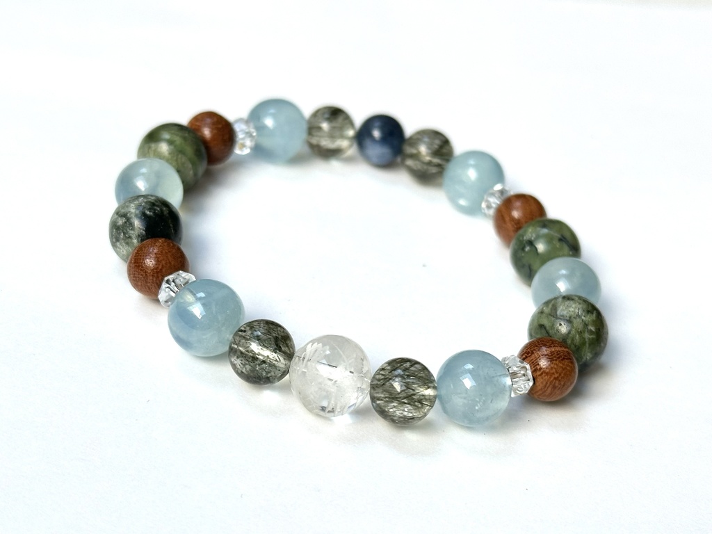 「 わだつみの龍 」 ✯ 五爪龍 グリーンエピドートインクォーツ アクアマリン 欅 ドラゴンアイ カイヤナイト / 天然石ブレスレット パワーストーン 天然石アクセサリー