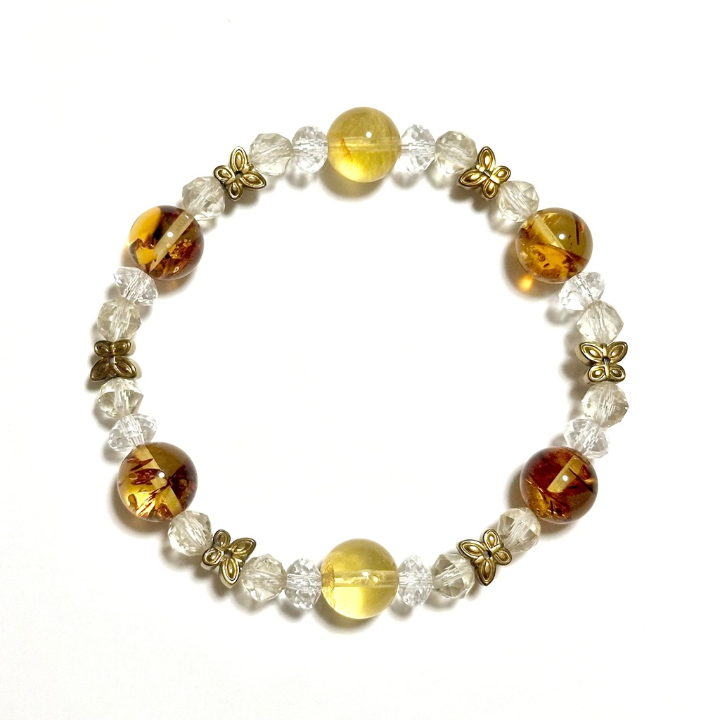 「 気品の蝶 」  ✯ バルティックアンバー イエローフローライト ゴールデンアンデシン ヘマタイト / 天然石ブレスレット パワーストーン 天然石アクセサリー