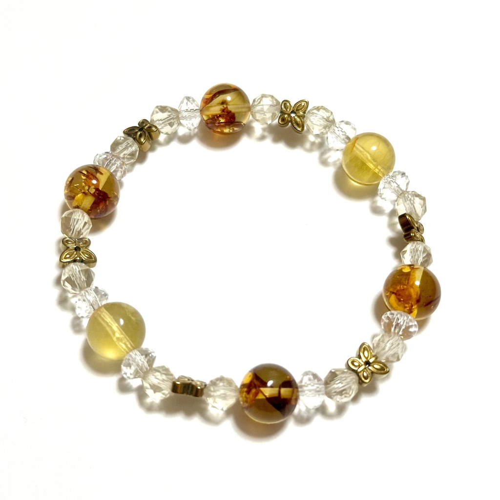「 気品の蝶 」  ✯ バルティックアンバー イエローフローライト ゴールデンアンデシン ヘマタイト / 天然石ブレスレット パワーストーン 天然石アクセサリー