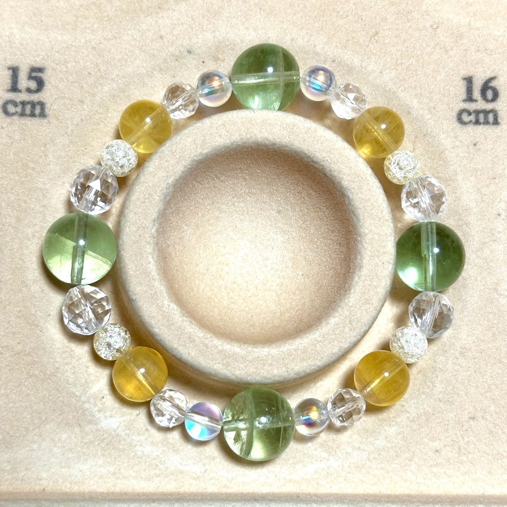 「 めろんれもん 」 ✯ イエローフローライト グリーンフローライト 半オーラ水晶 クラック水晶 / 天然石ブレスレット パワーストーン 天然石アクセサリー