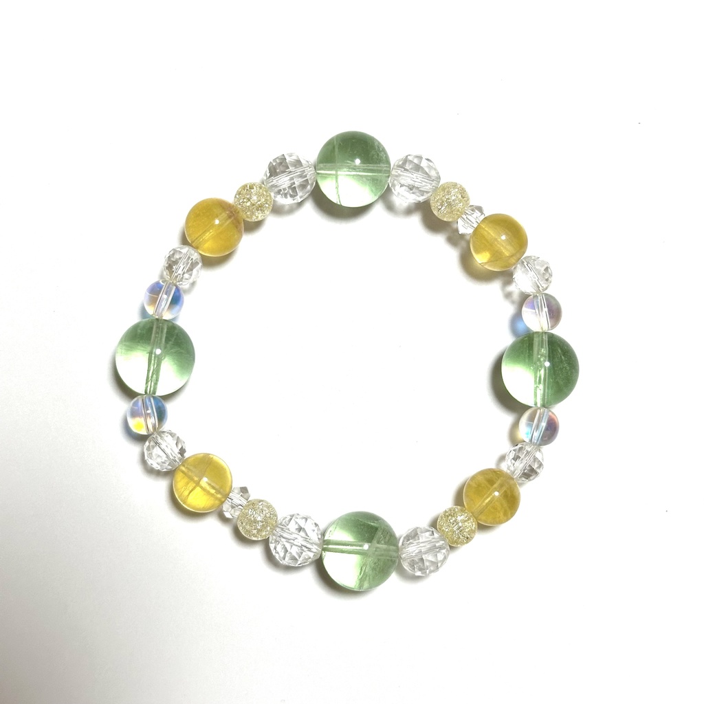 「 めろんれもん 」 ✯ イエローフローライト グリーンフローライト 半オーラ水晶 クラック水晶 / 天然石ブレスレット パワーストーン 天然石アクセサリー