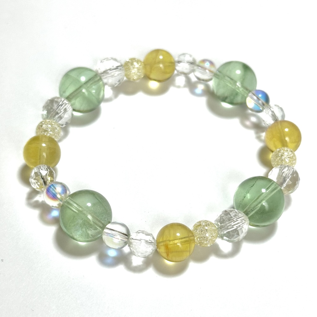 「 めろんれもん 」 ✯ イエローフローライト グリーンフローライト 半オーラ水晶 クラック水晶 / 天然石ブレスレット パワーストーン 天然石アクセサリー
