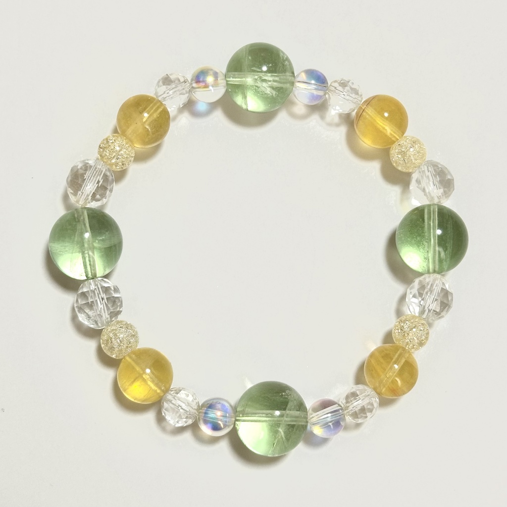 「 めろんれもん 」 ✯ イエローフローライト グリーンフローライト 半オーラ水晶 クラック水晶 / 天然石ブレスレット パワーストーン 天然石アクセサリー
