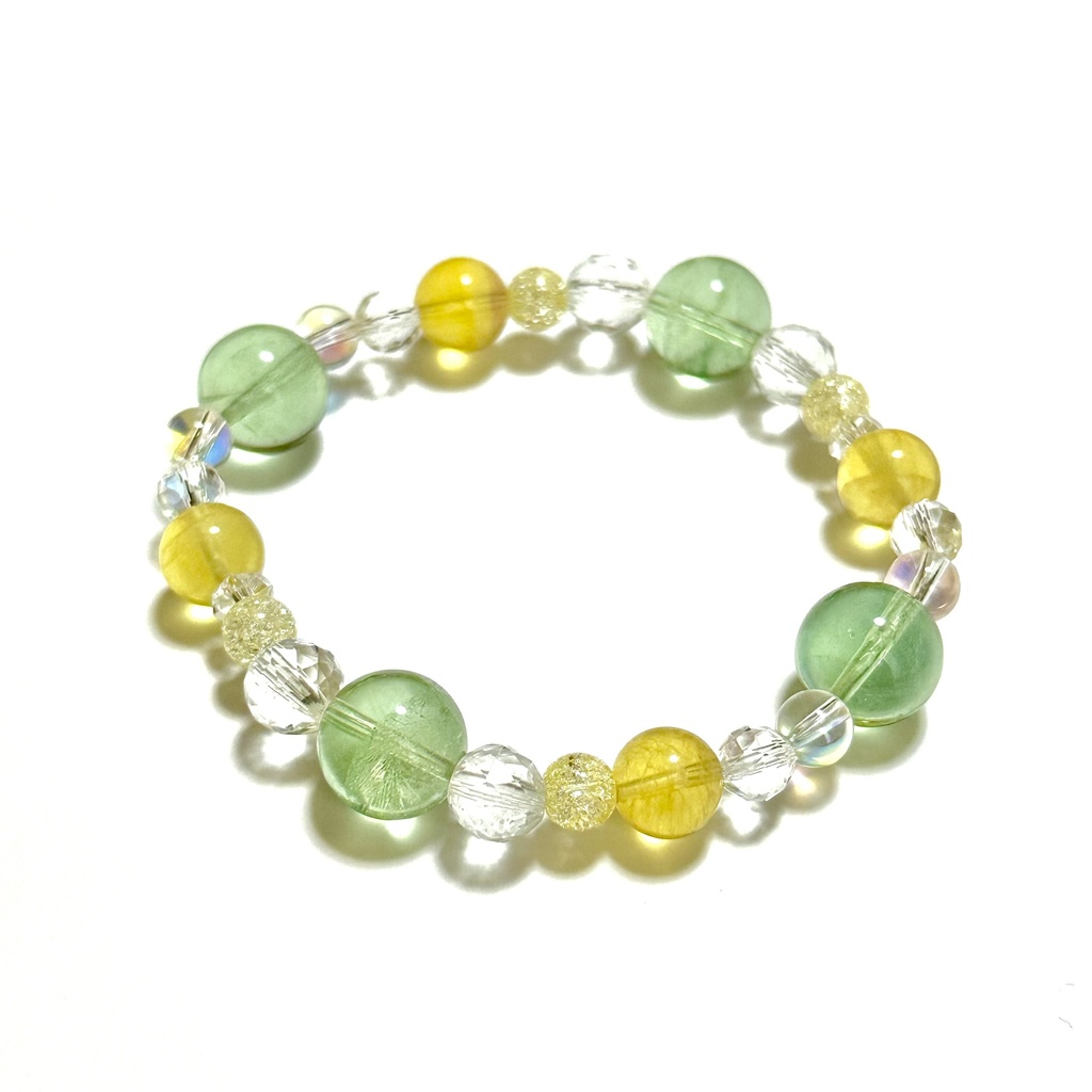 「 めろんれもん 」 ✯ イエローフローライト グリーンフローライト 半オーラ水晶 クラック水晶 / 天然石ブレスレット パワーストーン 天然石アクセサリー