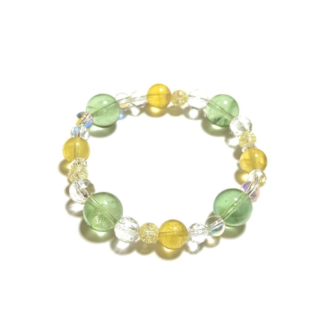 「 めろんれもん 」 ✯ イエローフローライト グリーンフローライト 半オーラ水晶 クラック水晶 / 天然石ブレスレット パワーストーン 天然石アクセサリー