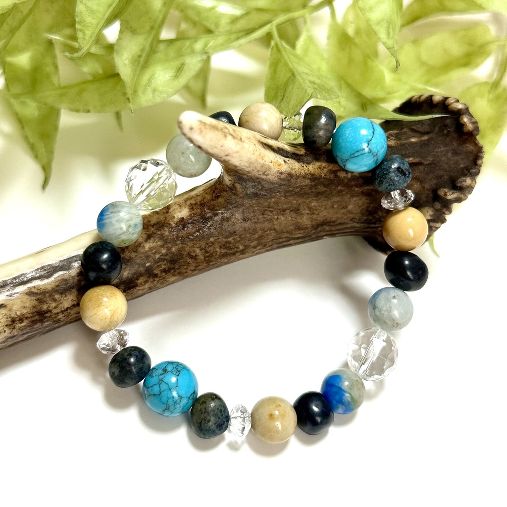 「 natural summer 」 ✯ ハウライトターコイズ デュモルチェライト フォッシルコーラル モッカイト K2 / 天然石ブレスレット パワーストーン 天然石アクセサリー