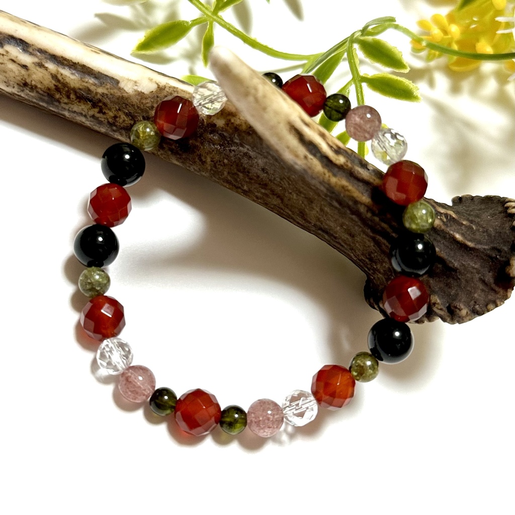 「 甘いスイカ 」 ✯ レッドアゲート モリオン ストロベリークォーツ トルマリン ペリドット/ 天然石ブレスレット パワーストーン 天然石アクセサリー