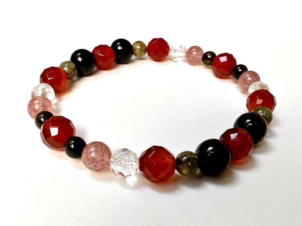 「 甘いスイカ 」 ✯ レッドアゲート モリオン ストロベリークォーツ トルマリン ペリドット/ 天然石ブレスレット パワーストーン 天然石アクセサリー