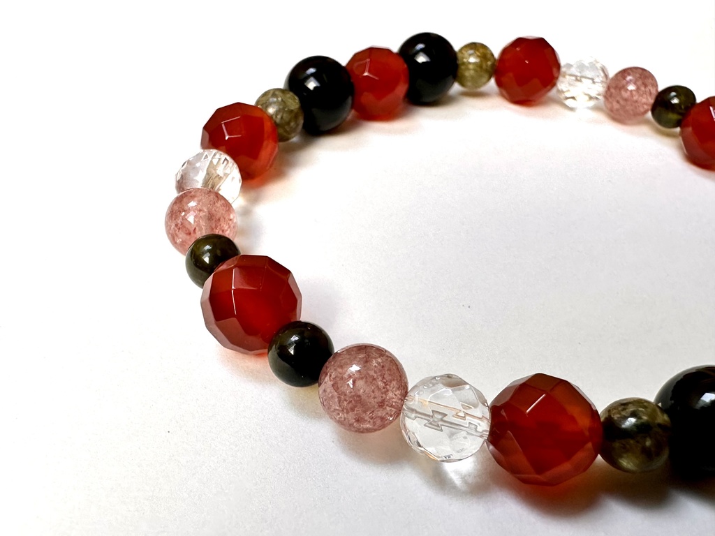 「 甘いスイカ 」 ✯ レッドアゲート モリオン ストロベリークォーツ トルマリン ペリドット/ 天然石ブレスレット パワーストーン 天然石アクセサリー