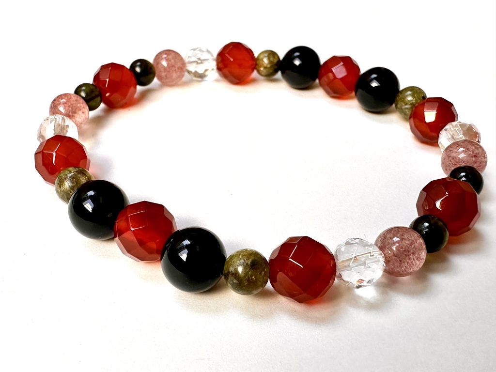 「 甘いスイカ 」 ✯ レッドアゲート モリオン ストロベリークォーツ トルマリン ペリドット/ 天然石ブレスレット パワーストーン 天然石アクセサリー