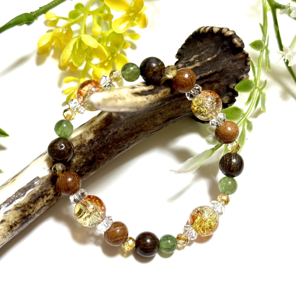 「 金木犀 」  ✯ 瑠璃ガラス シトリン ブロンザイト グリーンアパタイト 欅 / 天然石ブレスレット パワーストーン 天然石アクセサリー