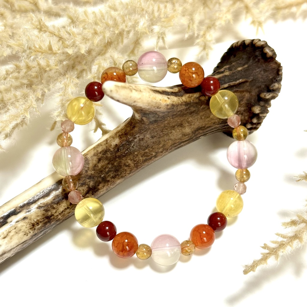 「 夕陽と秋桜 」 ✯ ドラゴンアゲート フローライト トルマリン シナバー アンデシン 瑠璃ガラス / 天然石ブレスレット パワーストーン 天然石アクセサリー