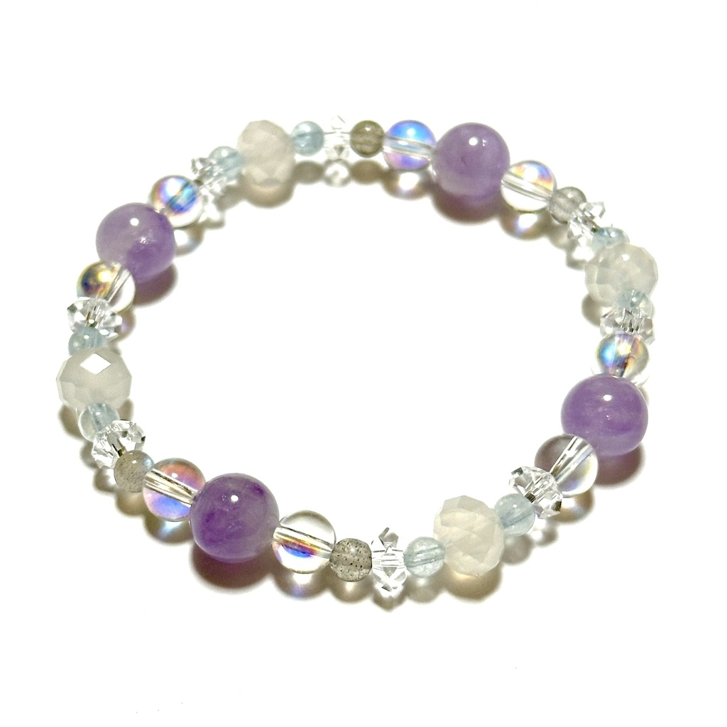 「 すみれと春風 」 ✯ ラベンダーアメジスト アクアマリン ラブラドライト 半面オーラ水晶 カルセドニー / 天然石ブレスレット パワーストーン 天然石アクセサリー