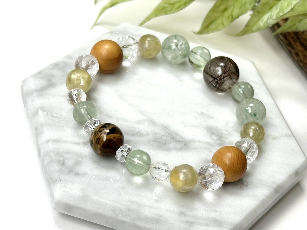 「 芽吹き 」 ✯ ブロンズルチルクォーツ フローライト フックサイトインクォーツ ゴールデンマイカ 榧 ボルダーオパール/ 天然石ブレスレット パワーストーン 天然石アクセサリー