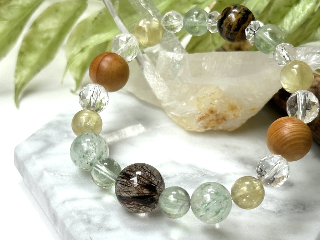 「 芽吹き 」 ✯ ブロンズルチルクォーツ フローライト フックサイトインクォーツ ゴールデンマイカ 榧 ボルダーオパール/ 天然石ブレスレット パワーストーン 天然石アクセサリー