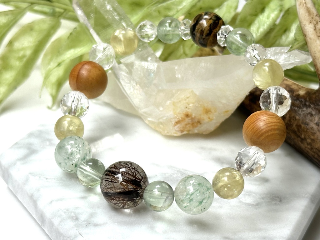 「 芽吹き 」 ✯ ブロンズルチルクォーツ フローライト フックサイトインクォーツ ゴールデンマイカ 榧 ボルダーオパール/ 天然石ブレスレット パワーストーン 天然石アクセサリー