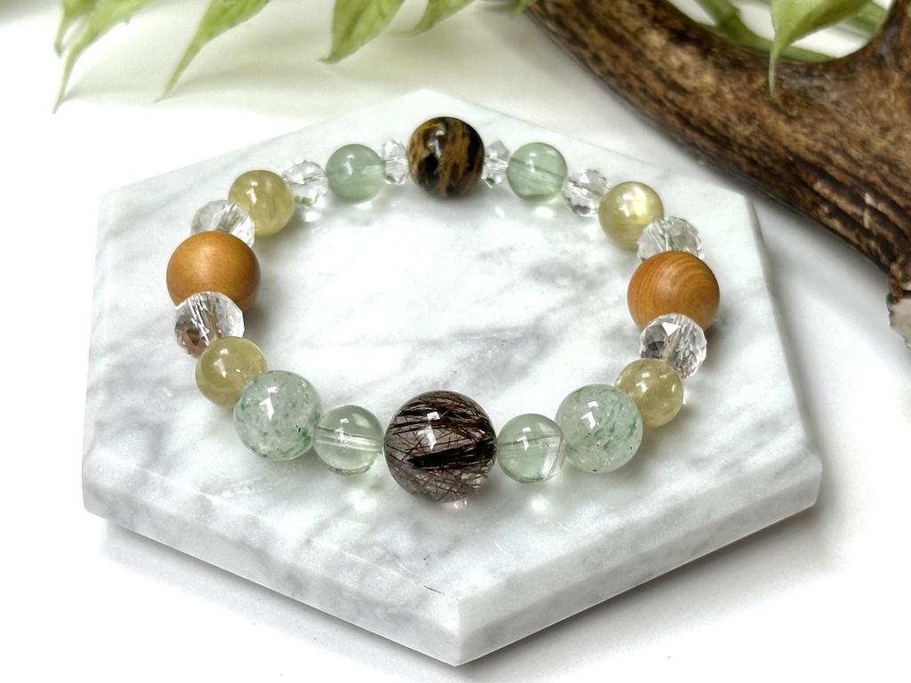 「 芽吹き 」 ✯ ブロンズルチルクォーツ フローライト フックサイトインクォーツ ゴールデンマイカ 榧 ボルダーオパール/ 天然石ブレスレット パワーストーン 天然石アクセサリー