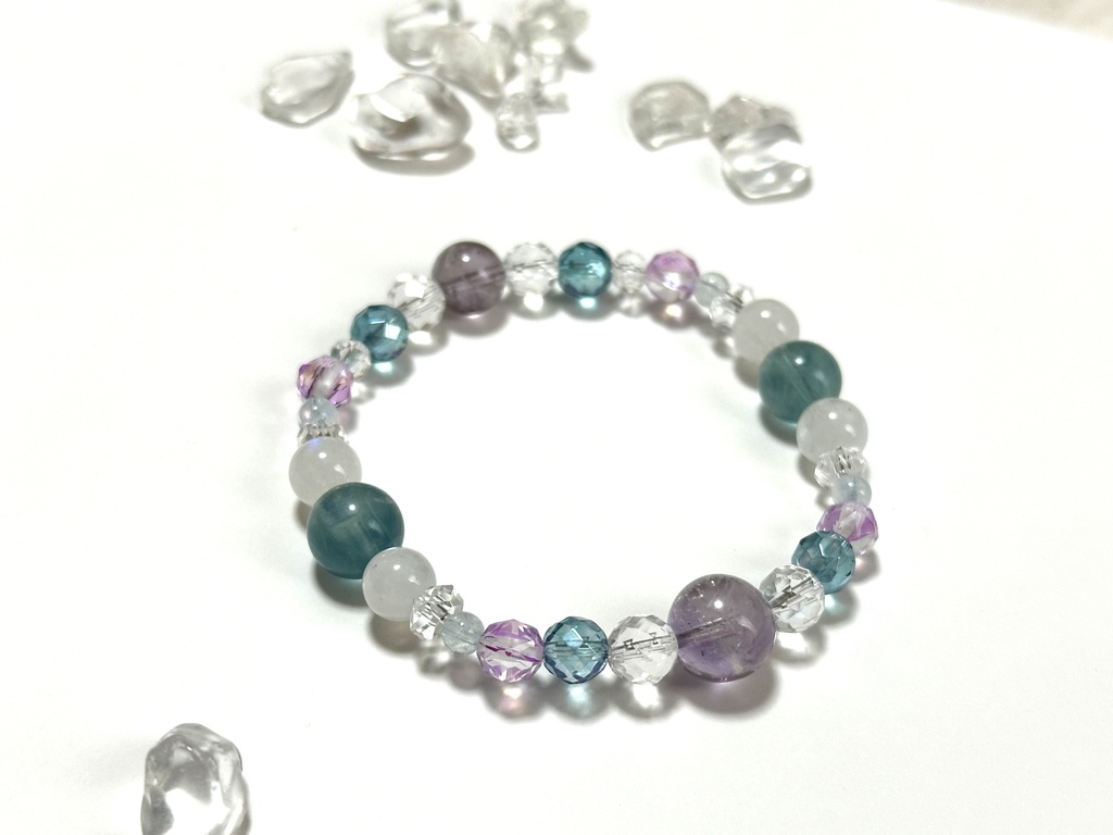 「 人魚姫の恋 」 ✯ アメジスト ムーンストーン ルナフラッシュ アクアオーラ フェザーインフローライトetc/ 天然石ブレスレット パワーストーン 天然石アクセサリー