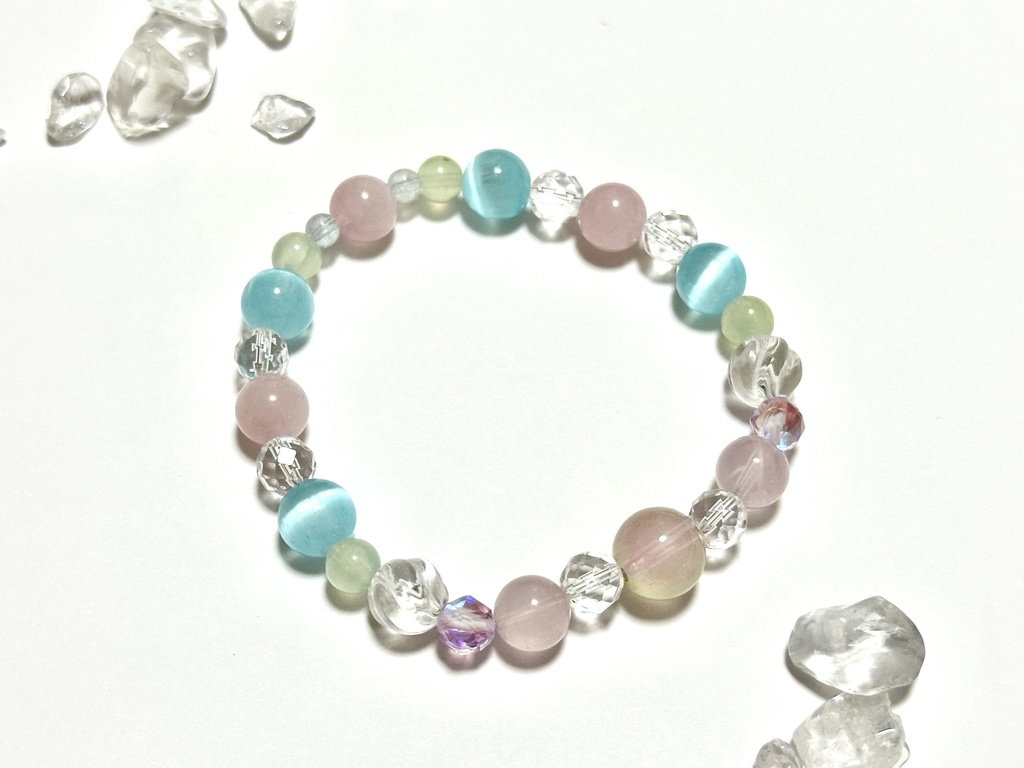 「 秋空と秋桜 」 ✯ 瑠璃ガラス ローズクォーツ セレナイト プレナイト アクアマリン ルナフラッシュetc/ 天然石ブレスレット パワーストーン 天然石アクセサリー