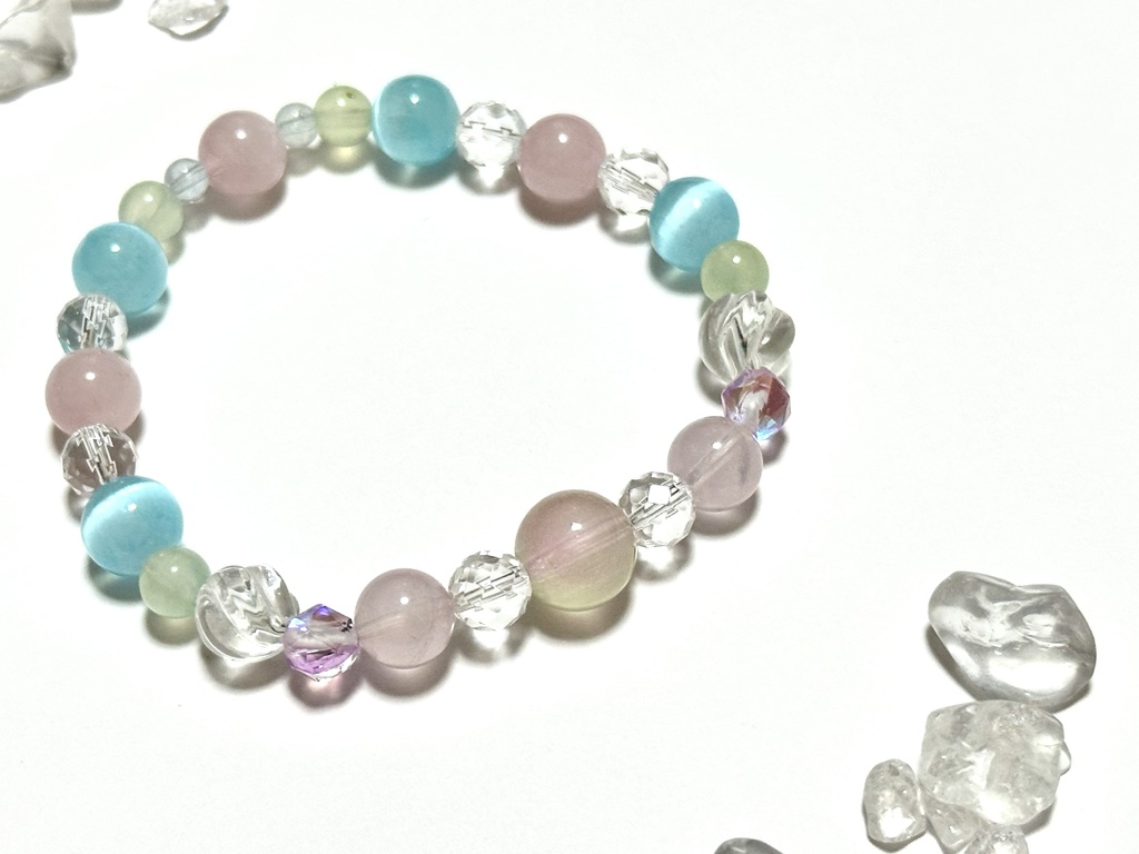 「 秋空と秋桜 」 ✯ 瑠璃ガラス ローズクォーツ セレナイト プレナイト アクアマリン ルナフラッシュetc/ 天然石ブレスレット パワーストーン 天然石アクセサリー