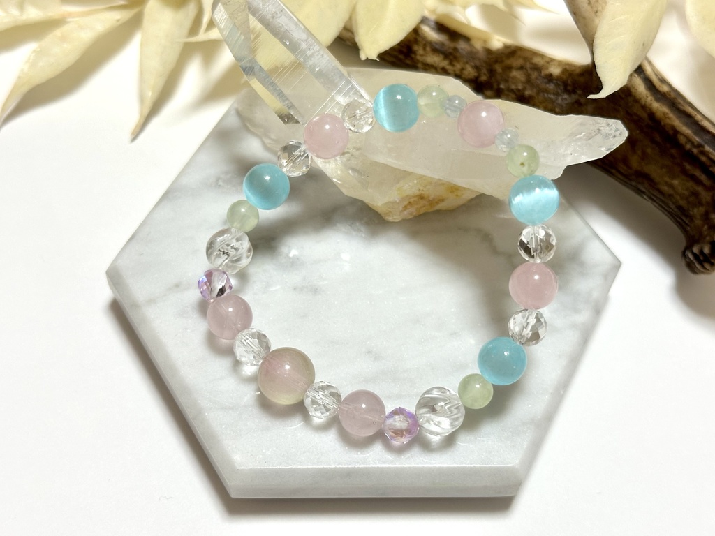 「 秋空と秋桜 」 ✯ 瑠璃ガラス ローズクォーツ セレナイト プレナイト アクアマリン ルナフラッシュetc/ 天然石ブレスレット パワーストーン 天然石アクセサリー