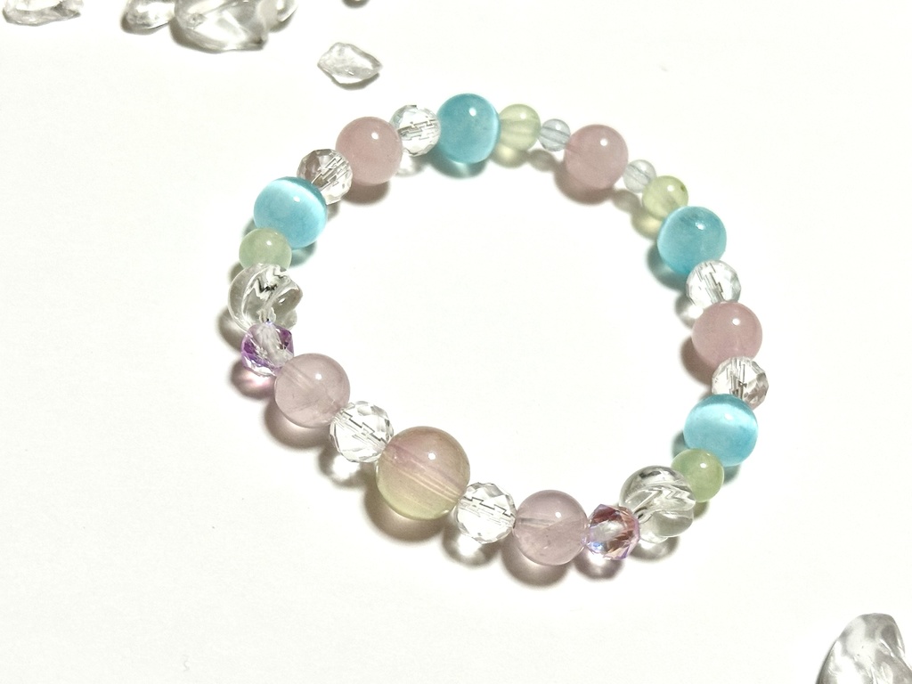 「 秋空と秋桜 」 ✯ 瑠璃ガラス ローズクォーツ セレナイト プレナイト アクアマリン ルナフラッシュetc/ 天然石ブレスレット パワーストーン 天然石アクセサリー