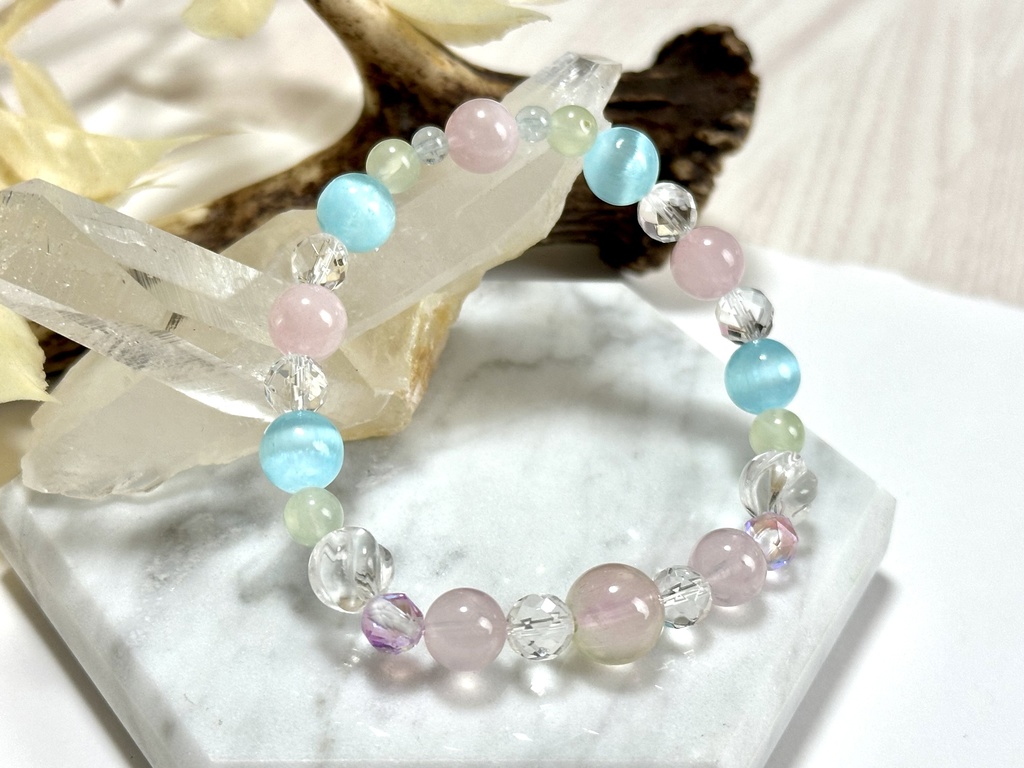 「 秋空と秋桜 」 ✯ 瑠璃ガラス ローズクォーツ セレナイト プレナイト アクアマリン ルナフラッシュetc/ 天然石ブレスレット パワーストーン 天然石アクセサリー