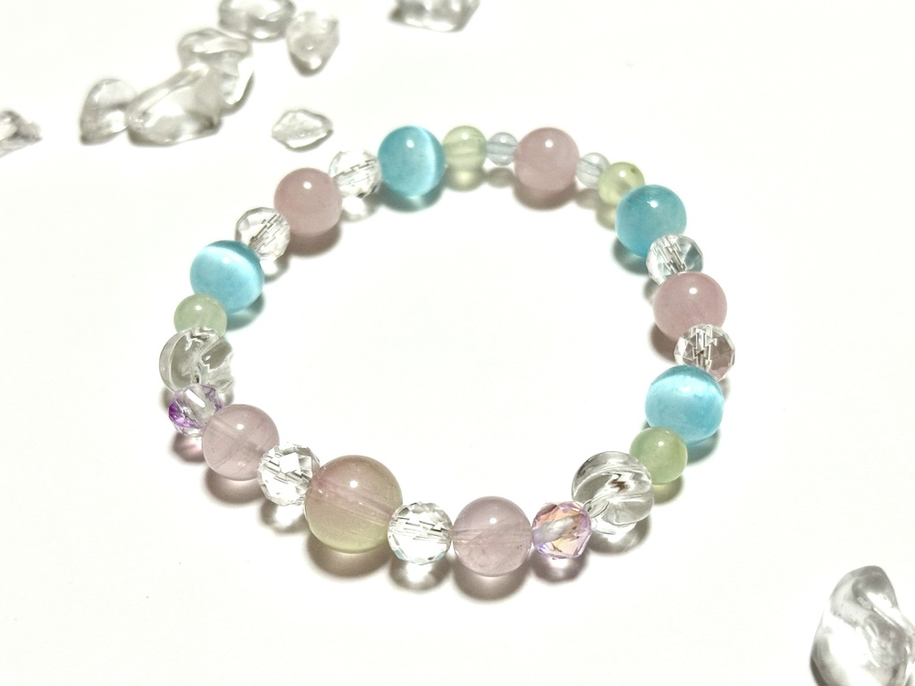 「 秋空と秋桜 」 ✯ 瑠璃ガラス ローズクォーツ セレナイト プレナイト アクアマリン ルナフラッシュetc/ 天然石ブレスレット パワーストーン 天然石アクセサリー