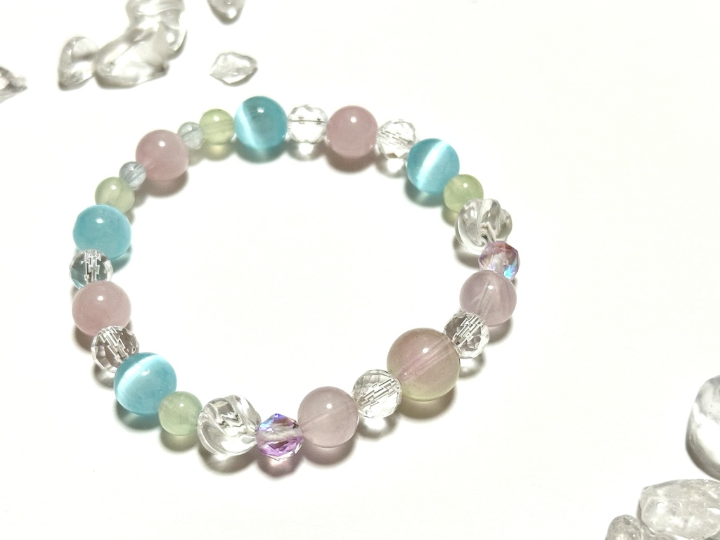 「 秋空と秋桜 」 ✯ 瑠璃ガラス ローズクォーツ セレナイト プレナイト アクアマリン ルナフラッシュetc/ 天然石ブレスレット パワーストーン 天然石アクセサリー