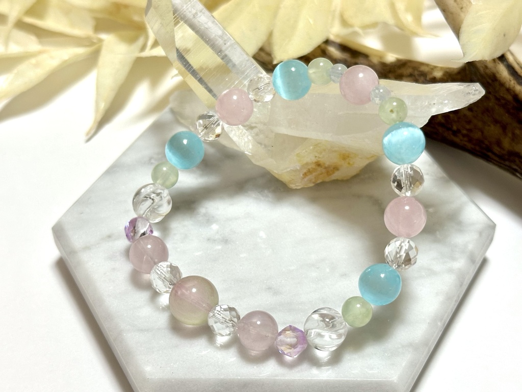 「 秋空と秋桜 」 ✯ 瑠璃ガラス ローズクォーツ セレナイト プレナイト アクアマリン ルナフラッシュetc/ 天然石ブレスレット パワーストーン 天然石アクセサリー