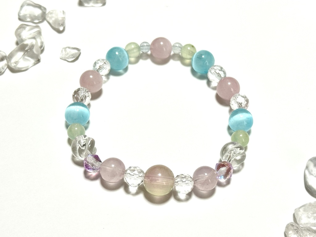 「 秋空と秋桜 」 ✯ 瑠璃ガラス ローズクォーツ セレナイト プレナイト アクアマリン ルナフラッシュetc/ 天然石ブレスレット パワーストーン 天然石アクセサリー